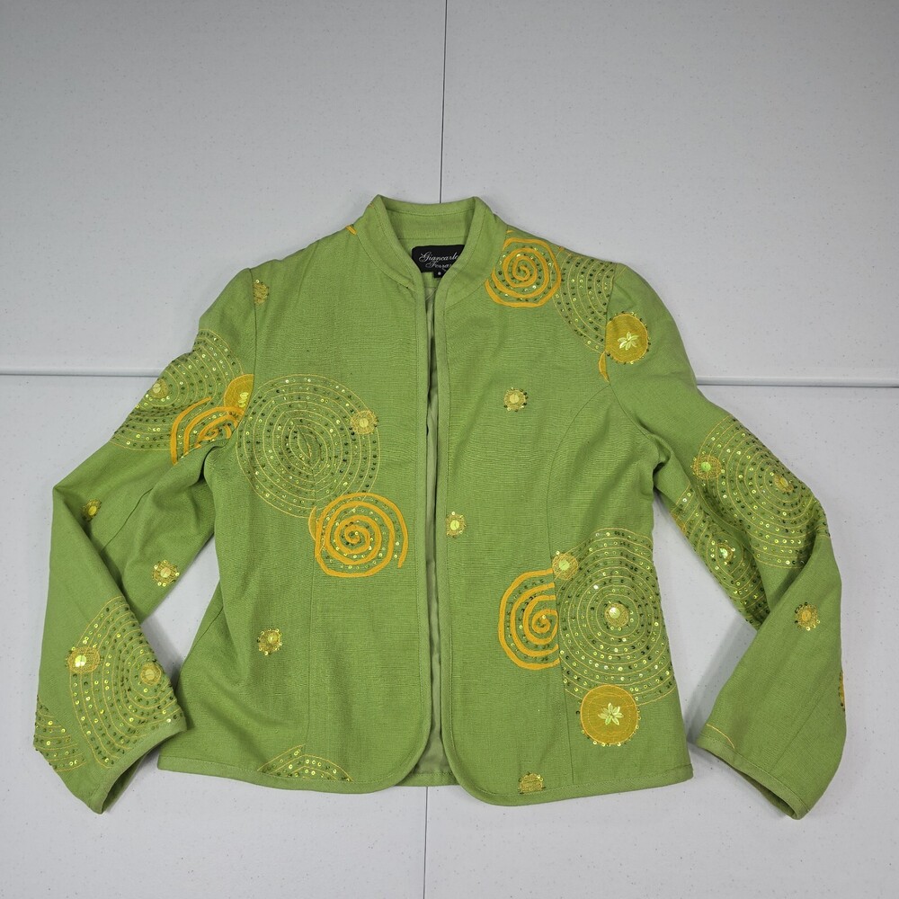 Vintage 80s Gianfranco Ferrari 8 Lime Green Beaded Whimsical Zip Blazer Jacket